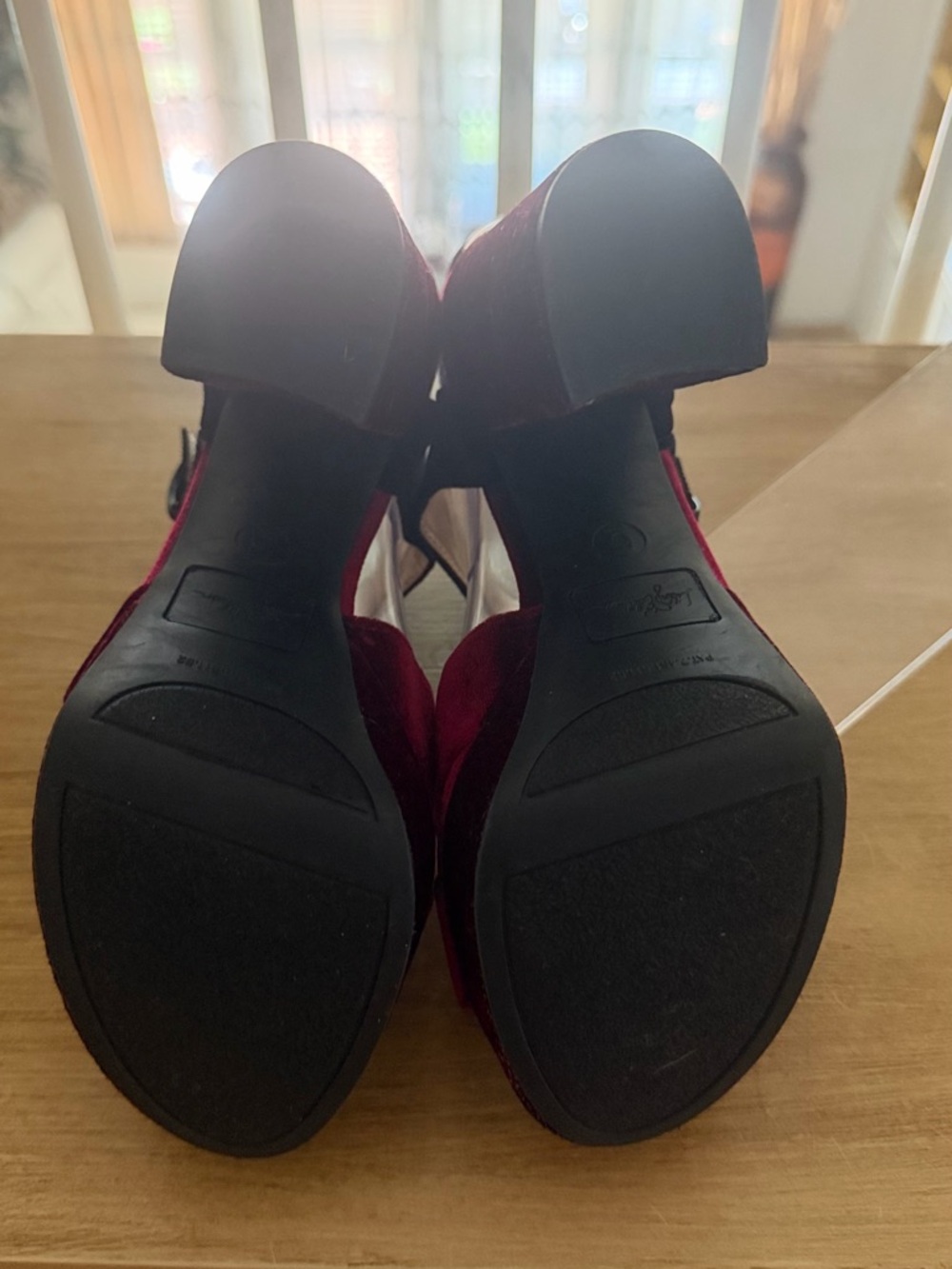 Libby. edelman Burgundy and Black Velvet Platform Block Heel Sandals - Picture 12 of 16